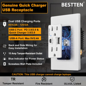 Toma Corriente con puertos USB Tipo-C PD y USB3.0 BESTTEN 24W/4.8A - Imagen 3