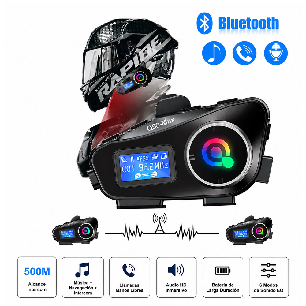Intercomunicador Para Casco de Moto Q58 Max 500m FM Bluetooth Musica