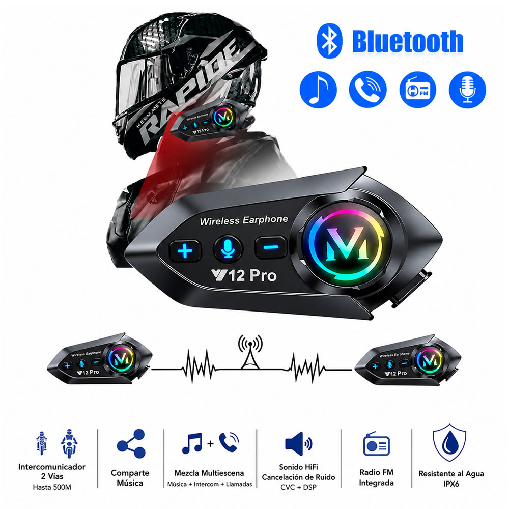 Intercomunicador Para Casco de Moto Y12 Pro 500m Bluetooth Musica