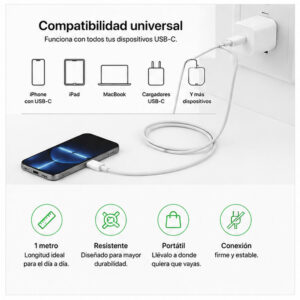 Cable Apple USB-C a USB-C 60W 1 Metro Carga Rápida iPhone/iPad - Imagen 3