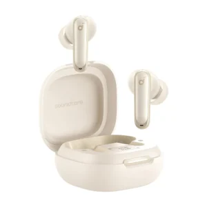 Audifonos Soundcore P40i Blanco con estuche abierto y soporte para celular integrado