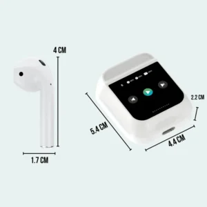 Audífonos AOC ACT3504 blancos con medidas del estuche con pantalla LED táctil