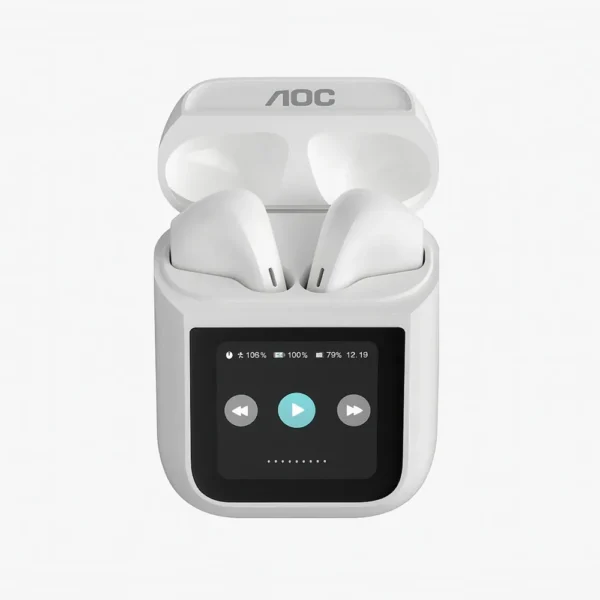 Audifonos AOC ACT3504 Pantalla Led Bt blanco con estuche inteligente y pantalla táctil de control