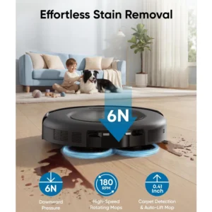 Aspiradora Robot Eufy Omni C20 eliminando manchas difíciles con presión de 6N y mopas giratorias de 180 RPM