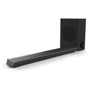 Barra de sonido Philips 4420 5PHIBS1 negra con subwoofer en ángulo sobre fondo blanco