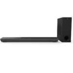 Barra de sonido Philips 4420 5PHIBS1 negra con subwoofer sobre fondo blanco