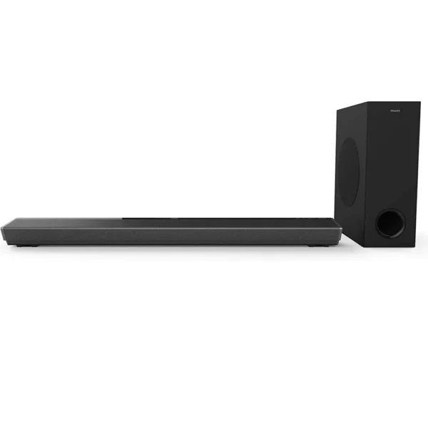 Barra de sonido Philips 4420 5PHIBS1 negra con subwoofer sobre fondo blanco