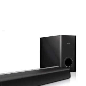 Barra de sonido Philips 5620 5PHIBS2 negra con subwoofer en ángulo sobre fondo blanco