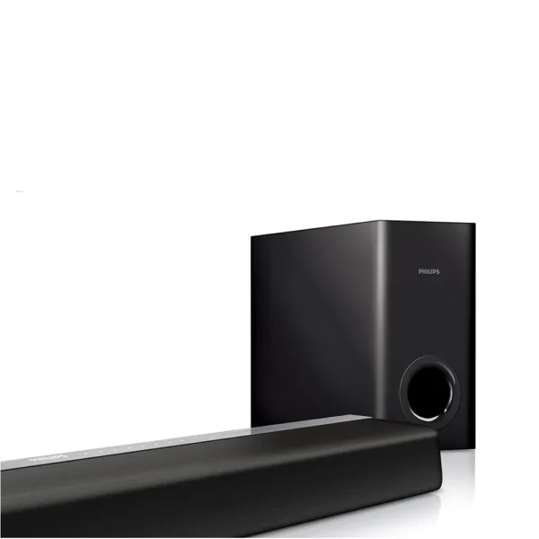 Barra de sonido Philips 5620 5PHIBS2 negra con subwoofer en ángulo sobre fondo blanco