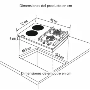 Encimera híbrida RCA IFG7016 5IND002 diagrama de medidas 49x52 cm para empotrar