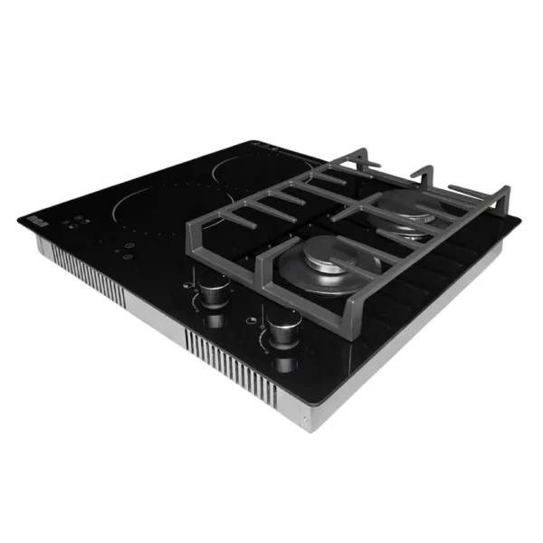 Encimera híbrida RCA IFG7016 5IND002 en ángulo con gas e inducción vidrio negro