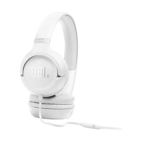Auriculares JBL Tune 530 blancos con cable y micrófono, vista en ángulo