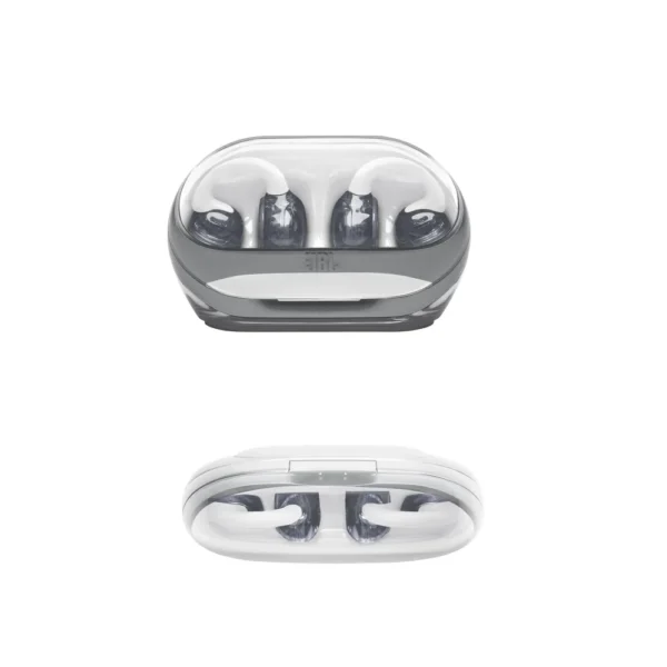 Audífonos JBL Soundgear Clips Open blancos tipo clip con carcasa transparente ahumada