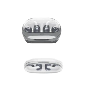 Audífonos JBL Soundgear Clips blancos en estuche de carga con tapa transparente
