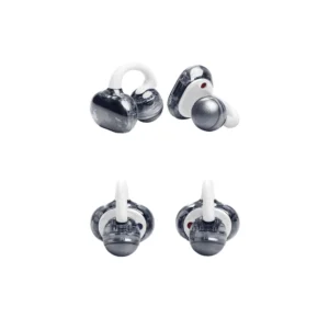 Audifonos JBL Soundgear Clips Open Sound TWS 32 Horas Blancos con ganchos blancos y estuche de carga gris abierto
