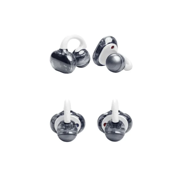 Audifonos JBL Soundgear Clips Open Sound TWS 32 Horas Blancos con ganchos blancos y estuche de carga gris abierto