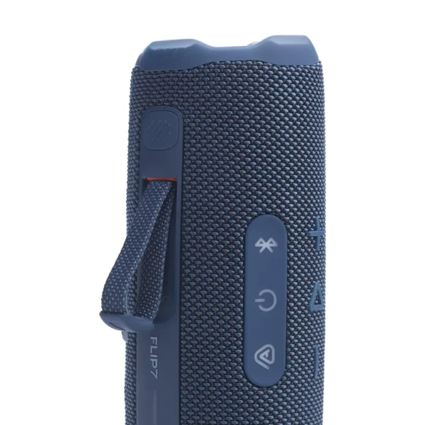 Parlante JBL Flip 7 BT Azul portátil con logotipo frontal y diseño impermeable