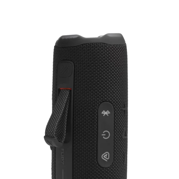 Parlante JBL Flip 7 BT Negro detalle de botones de control y correa de transporte