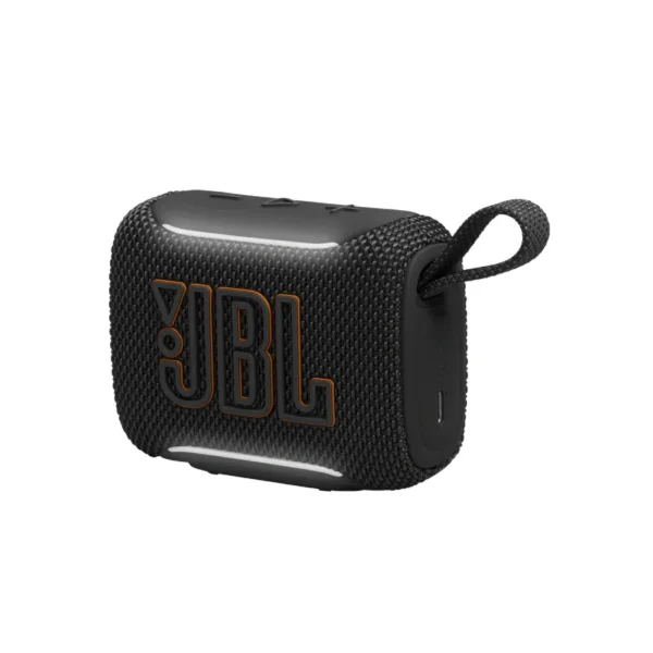 Parlante JBL GO 5 BT Negro compacto con logo naranja y asa de transporte integrada