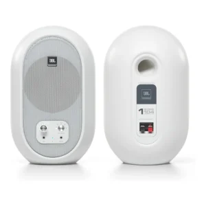 Parlante JBL Pro 104 set blanco vista frontal y trasera con controles y conexiones