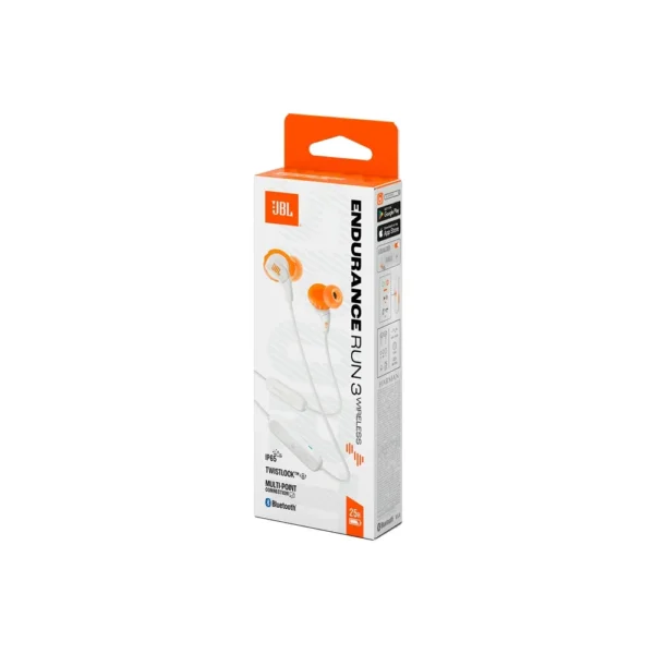 Empaque Audífonos JBL Endurance Run 3 BT Blanco con iconos IPX5 y Bluetooth