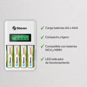 Cargador Inteligente D/Bat Aa/Aaa C/4 Pilas Aa Crg-200 Steren compacto con pantalla LCD y pilas recargables