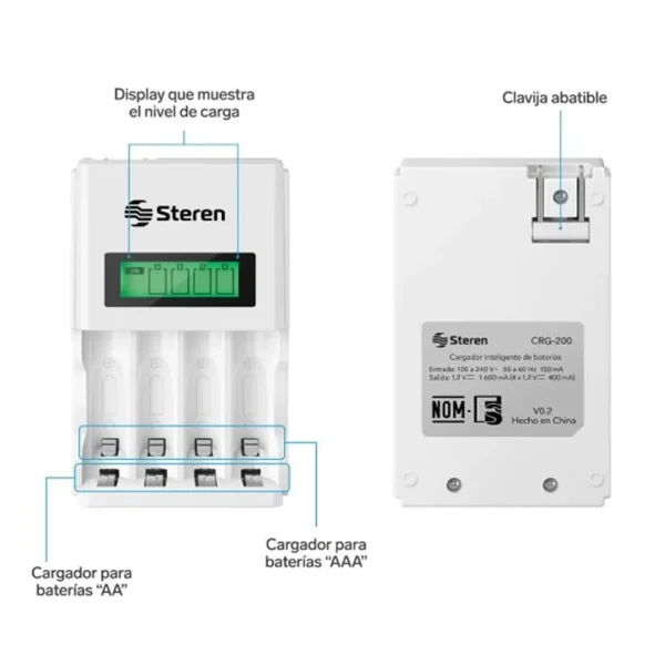 Cargador Inteligente CRG-200 Steren AA/AAA con display LCD y clavija abatible