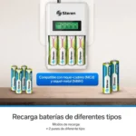 Cargador Inteligente D/Bat Aa/Aaa C/4 Pilas Aa Crg-200 Steren blanco con pantalla LCD y cuatro pilas AA