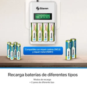 Cargador Inteligente D/Bat Aa/Aaa C/4 Pilas Aa Crg-200 Steren blanco con pantalla LCD y cuatro pilas AA