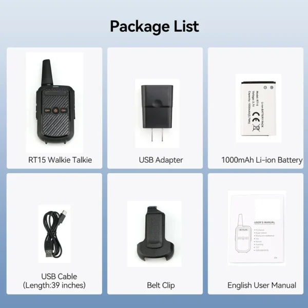 Kit Radios Rad-020gr contenido: radio, cargador USB, batería, cable, clip y manual