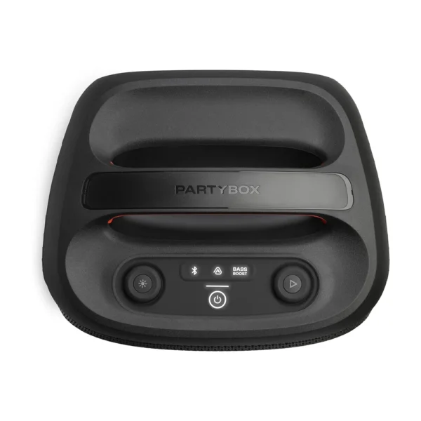 Detalle superior JBL PartyBox Encore 2 con controles Bass Boost y Bluetooth