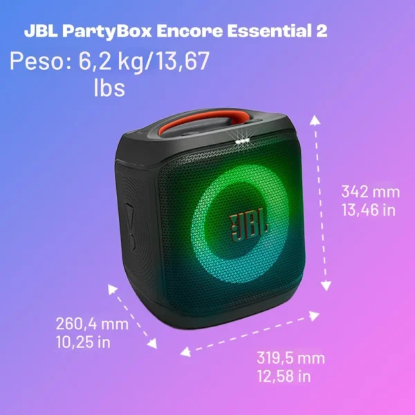 Infografía JBL PartyBox Encore 2 con dimensiones, peso y luz LED frontal