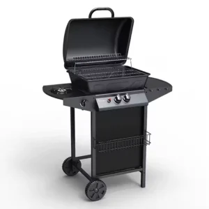Parrilla de gas G2082F 57PAC0I negra con tapa abierta, quemador lateral y ruedas