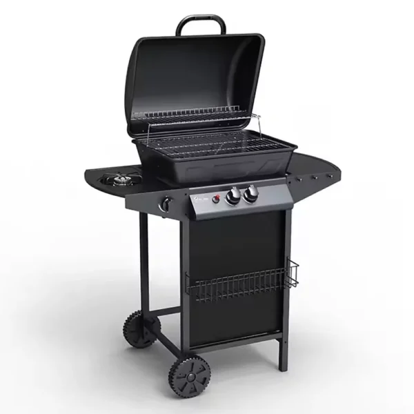 Parrilla de gas G2082F 57PAC0I negra con tapa abierta, quemador lateral y ruedas