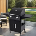 Parrilla de gas G2082F 57PAC0I negra de 2 quemadores en patio con piscina