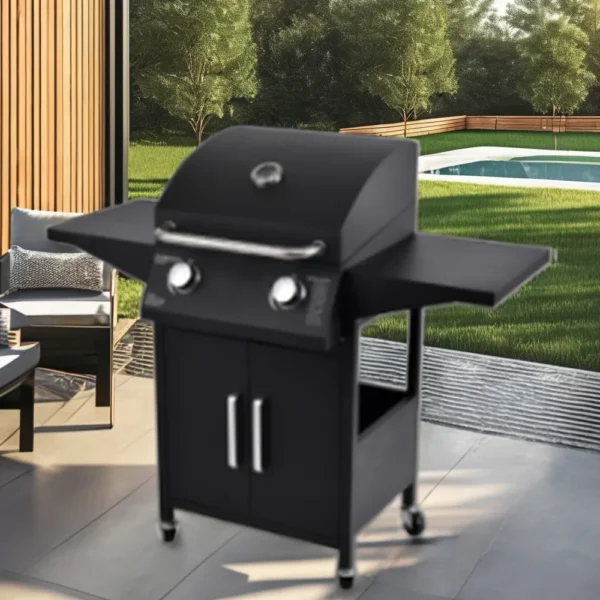 Parrilla de gas G2082F 57PAC0I negra de 2 quemadores en patio con piscina