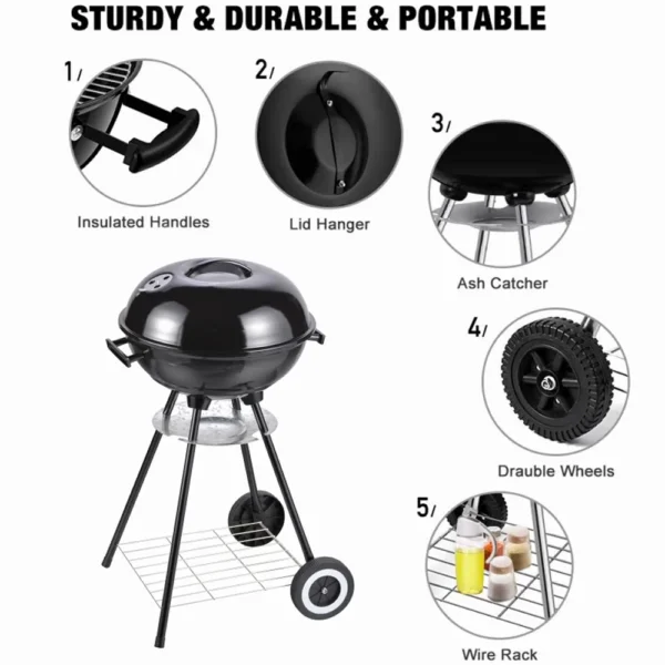Parrilla para asados a carbón A-k18T 57PAC0E negra con detalles de manijas, ruedas y estante