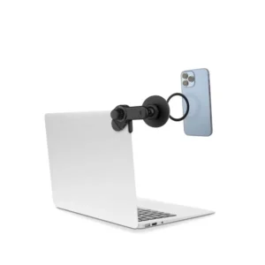 Soporte Para Celular En Laptop Compatible Con Magsafe Pod-360 negro con teléfono en pantalla de laptop
