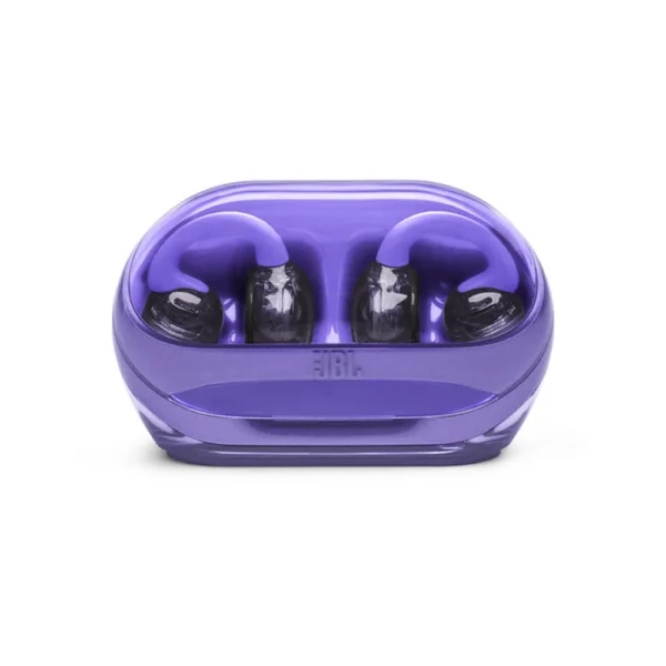 Audífonos JBL Soundgear Clips morados dentro del estuche de carga translúcido