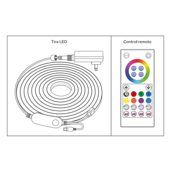 Diagrama de la Tira Led Neon Wifi Digital Rgb 5m Ext Shome-1290d Steren con control remoto y accesorios incluidos