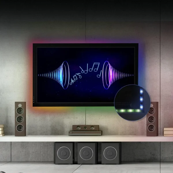Tira Led Neon Wifi Digital Rgb 5m Ext Shome-1290d Steren con controlador y adaptador sobre fondo blanco