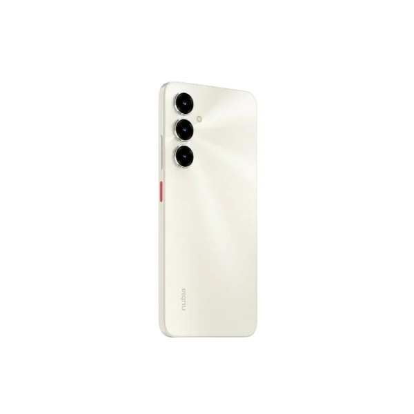 Celular ZTE Nubia V80 MAX 4 ram +256 Gb Dorado crema perlado con triple cámara y botón rojo en vista angular