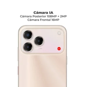 Celular ZTE Nubia V80 MAX dorado detalle cámara IA 108MP Neo Vision