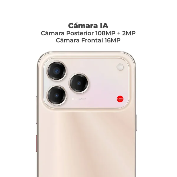 Celular ZTE Nubia V80 MAX dorado detalle cámara IA 108MP Neo Vision